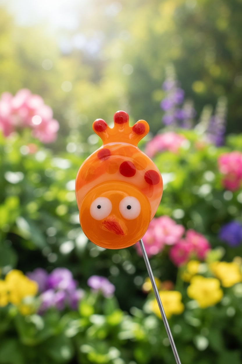 Fused Glass Orange Bird Plant Stake