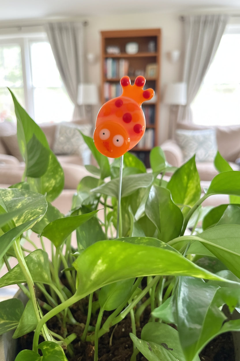 Fused Glass Orange Bird Plant Stake