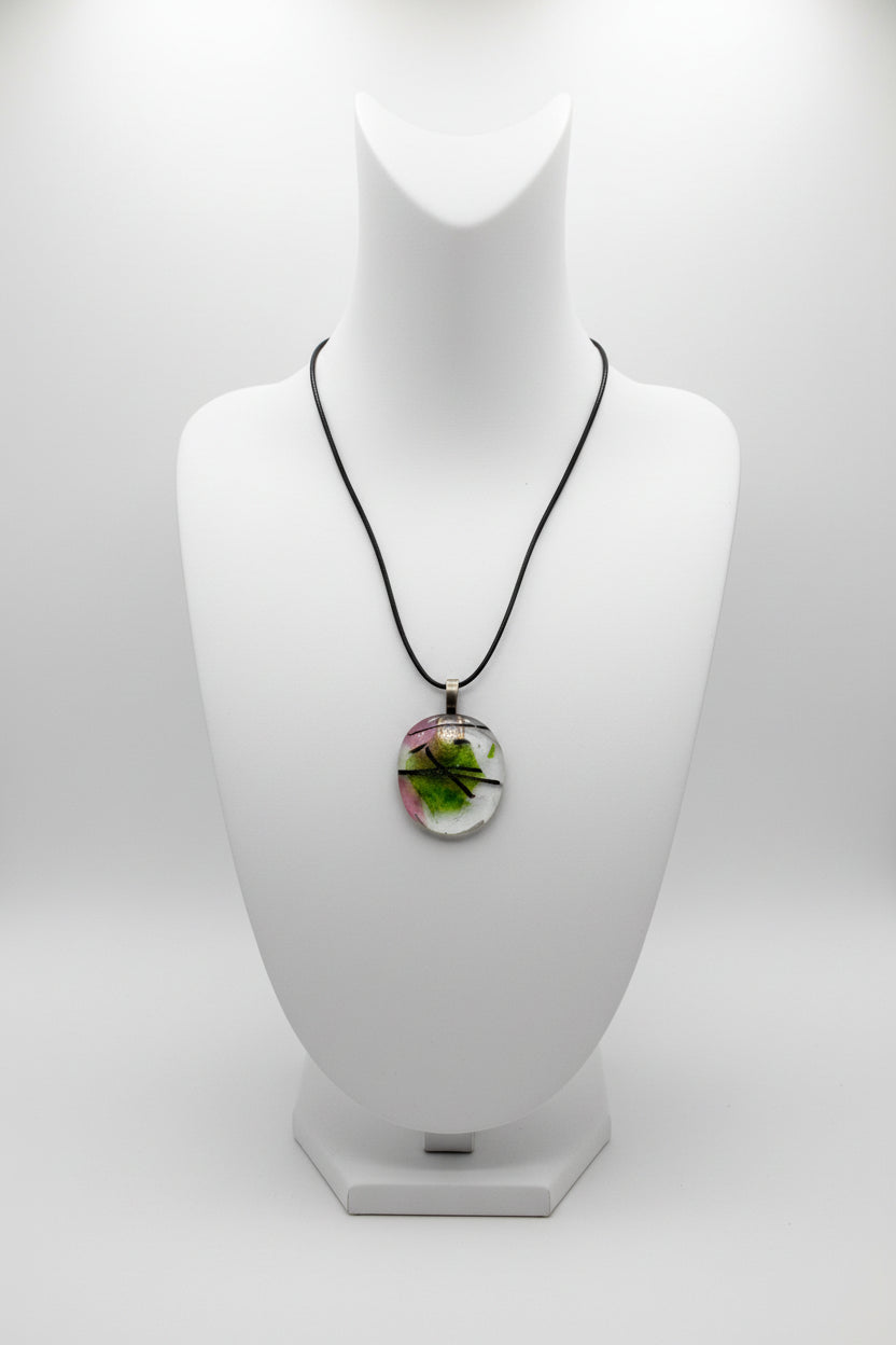 Fused Glass Pearl White & Olive Green Abstract Oval Pendant Necklace