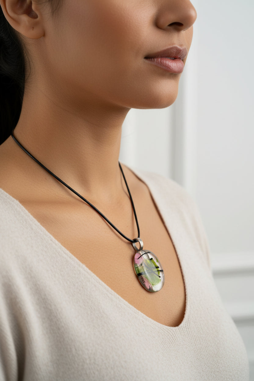 Fused Glass Pearl White & Olive Green Abstract Oval Pendant Necklace