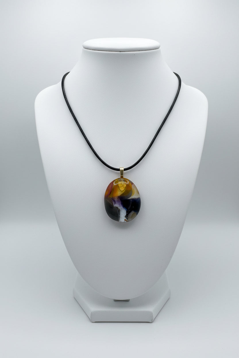 Fused Glass Amber, Purple & Charcoal Oval Pendant Necklace with Dichroic Accent