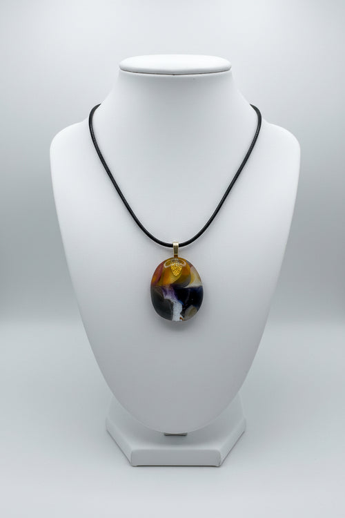 Fused Glass Amber, Purple & Charcoal Oval Pendant Necklace with Dichroic Accent