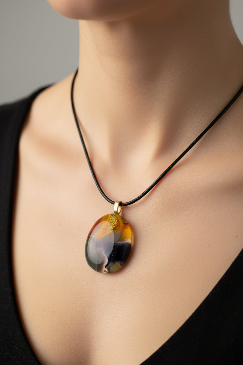 Fused Glass Amber, Purple & Charcoal Oval Pendant Necklace with Dichroic Accent