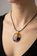 Fused Glass Amber, Purple & Charcoal Oval Pendant Necklace with Dichroic Accent
