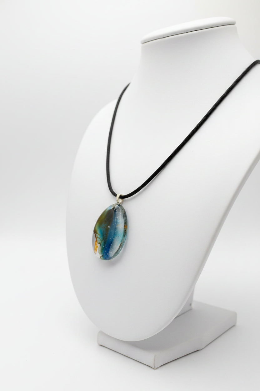 Fused Glass Pearl White & Teal Organic Oval Pendant Necklace