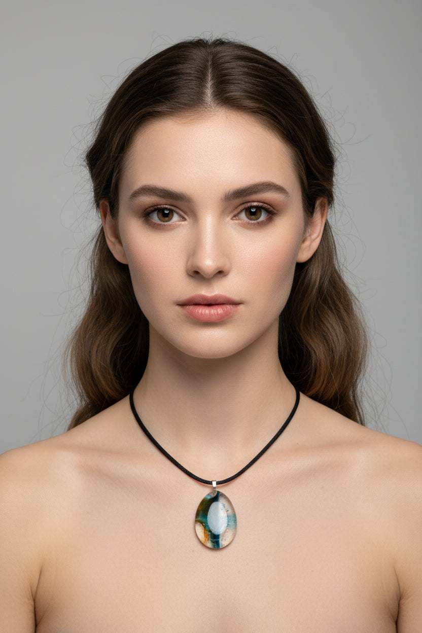 Fused Glass Pearl White & Teal Organic Oval Pendant Necklace