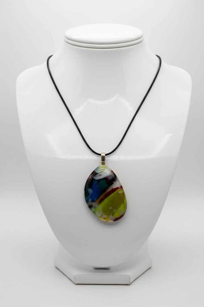 Fused Glass Multicolor Abstract Teardrop Pendant Necklace