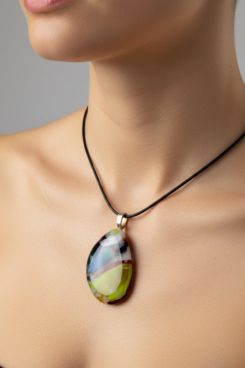 Fused Glass Multicolor Abstract Teardrop Pendant Necklace