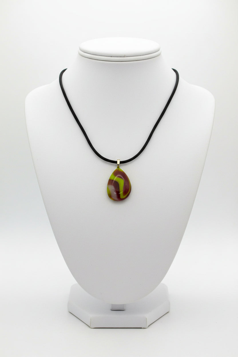 Fused Glass Chartreuse & Burgundy Swirl Teardrop Pendant Necklace