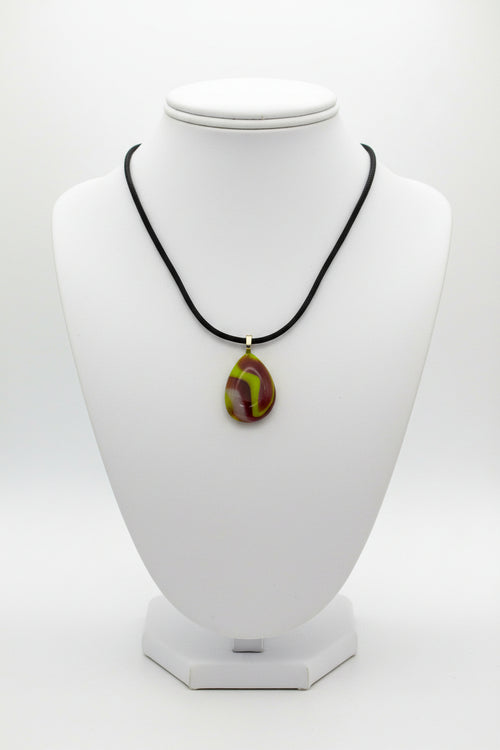 Fused Glass Chartreuse & Burgundy Swirl Teardrop Pendant Necklace