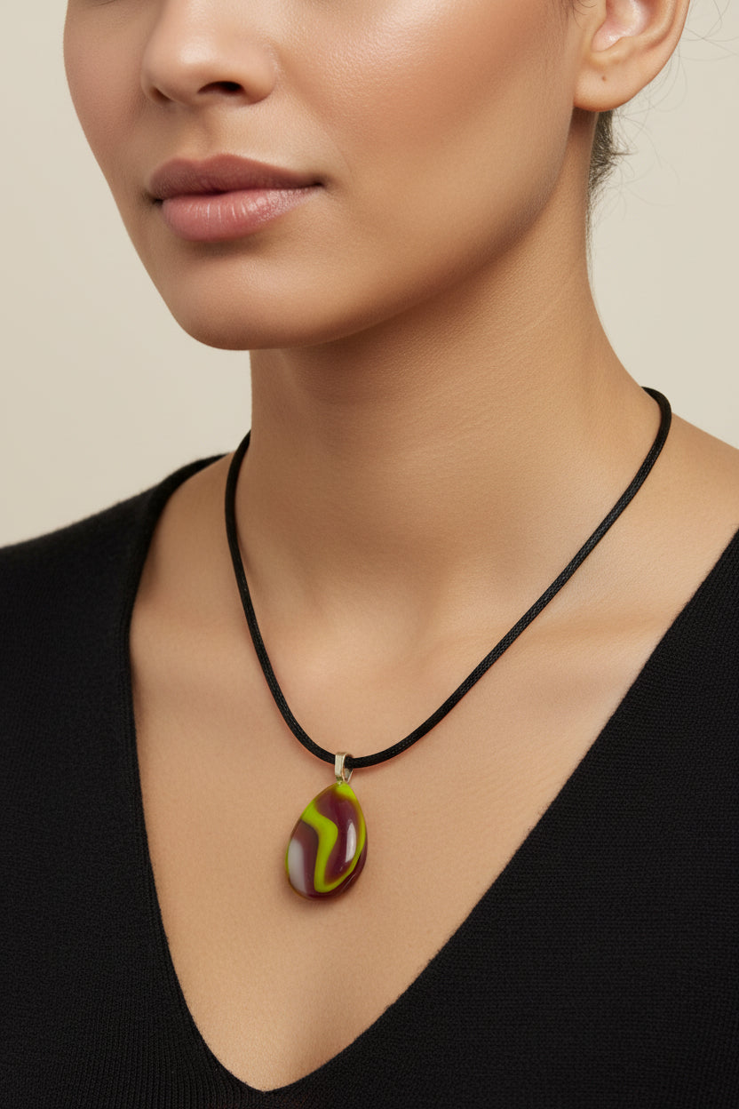 Fused Glass Chartreuse & Burgundy Swirl Teardrop Pendant Necklace
