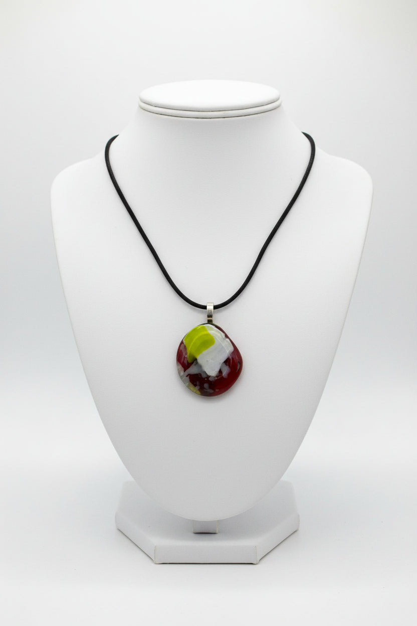 Fused Glass Burgundy, White & Chartreuse Abstract Oval Pendant Necklace