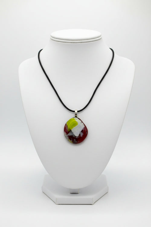 Fused Glass Burgundy, White & Chartreuse Abstract Oval Pendant Necklace