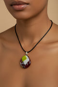Fused Glass Burgundy, White & Chartreuse Abstract Oval Pendant Necklace