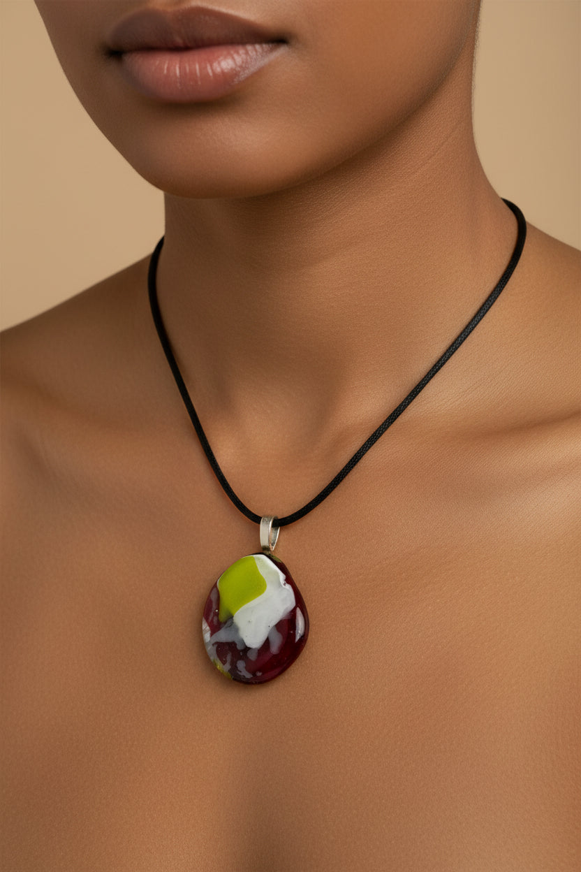 Fused Glass Burgundy, White & Chartreuse Abstract Oval Pendant Necklace