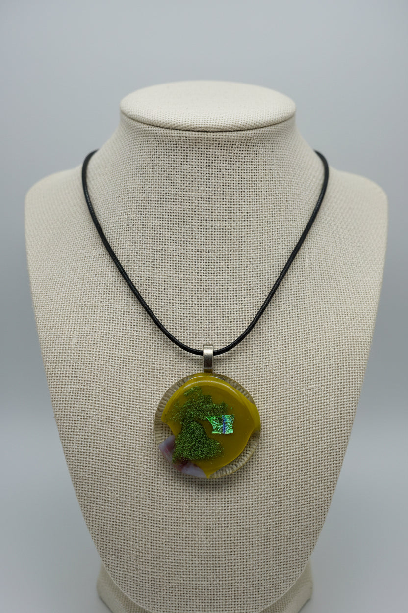 Fused Glass Olive & Pearl White Round Pendant Necklace with Dichroic Accent