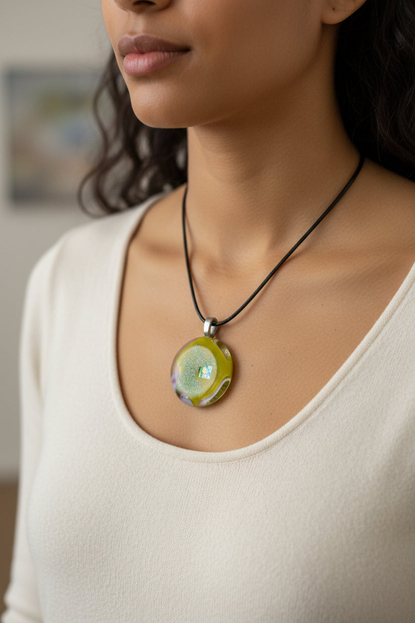 Fused Glass Olive & Pearl White Round Pendant Necklace with Dichroic Accent