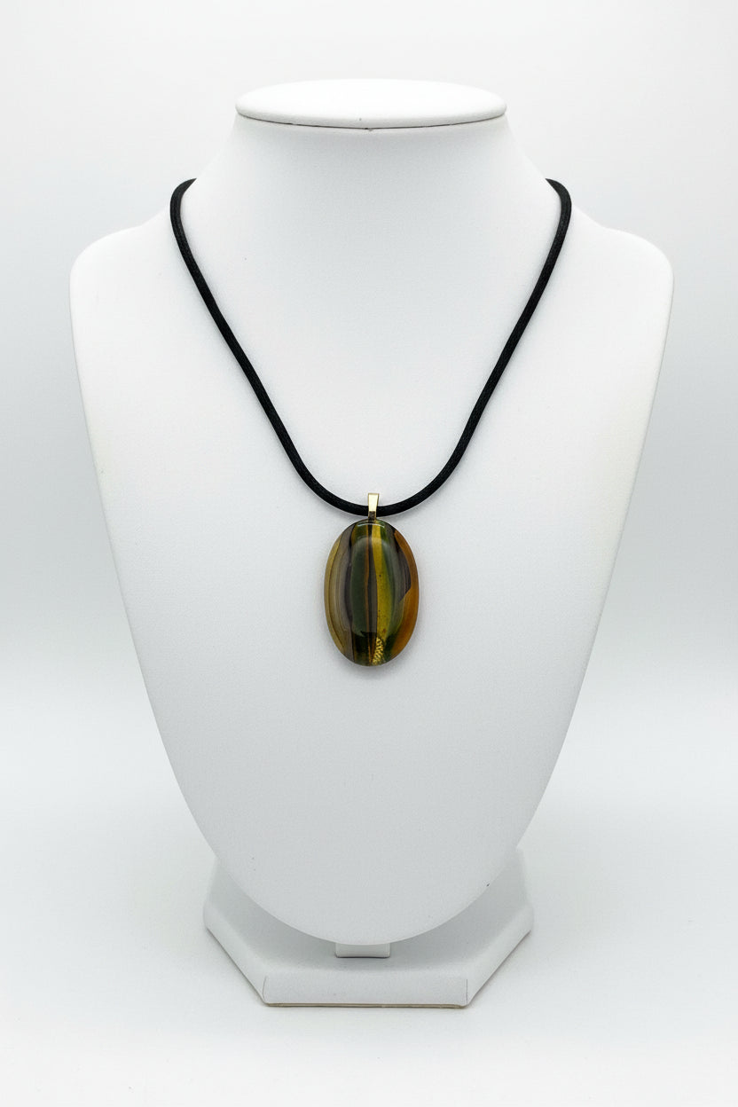 Fused Glass Dark Olive & Brown Striped Elongated Oval Pendant Necklace