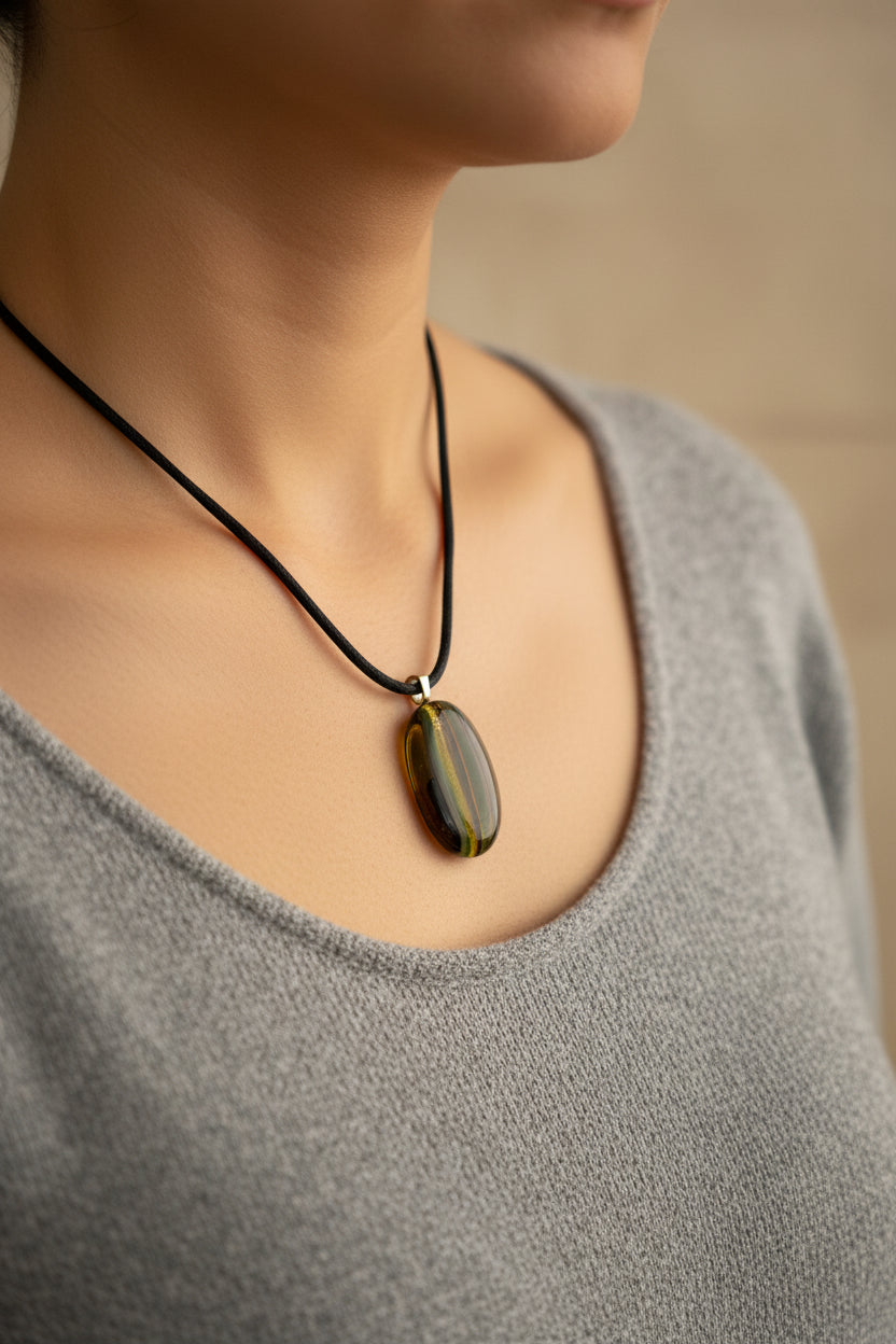 Fused Glass Dark Olive & Brown Striped Elongated Oval Pendant Necklace