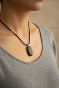 Fused Glass Dark Olive & Brown Striped Elongated Oval Pendant Necklace