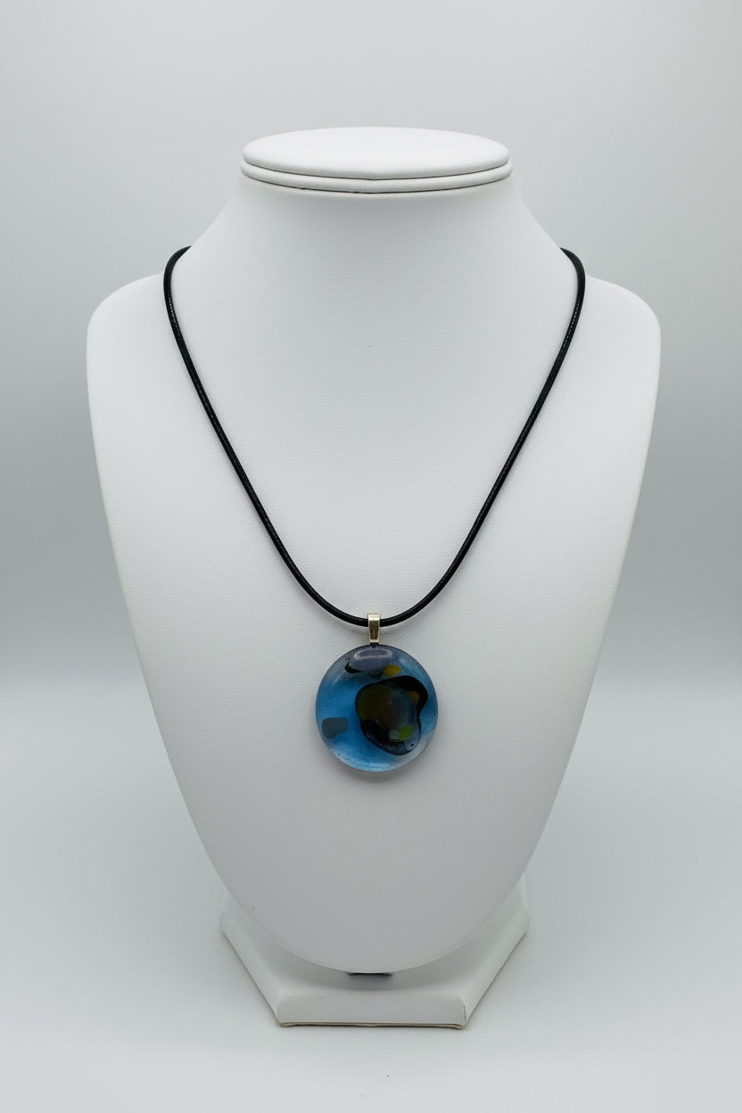 Fused Glass Periwinkle Blue & Olive Round Pendant Necklace