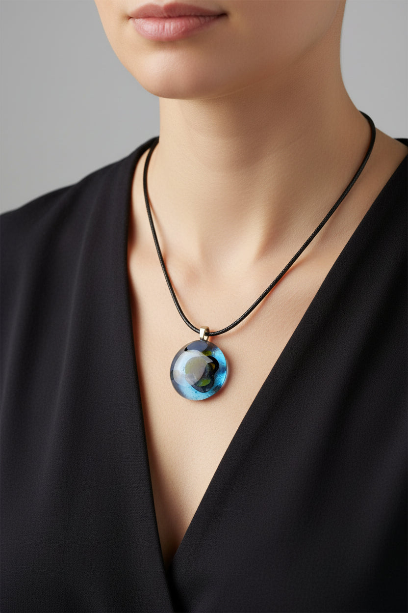 Fused Glass Periwinkle Blue & Olive Round Pendant Necklace