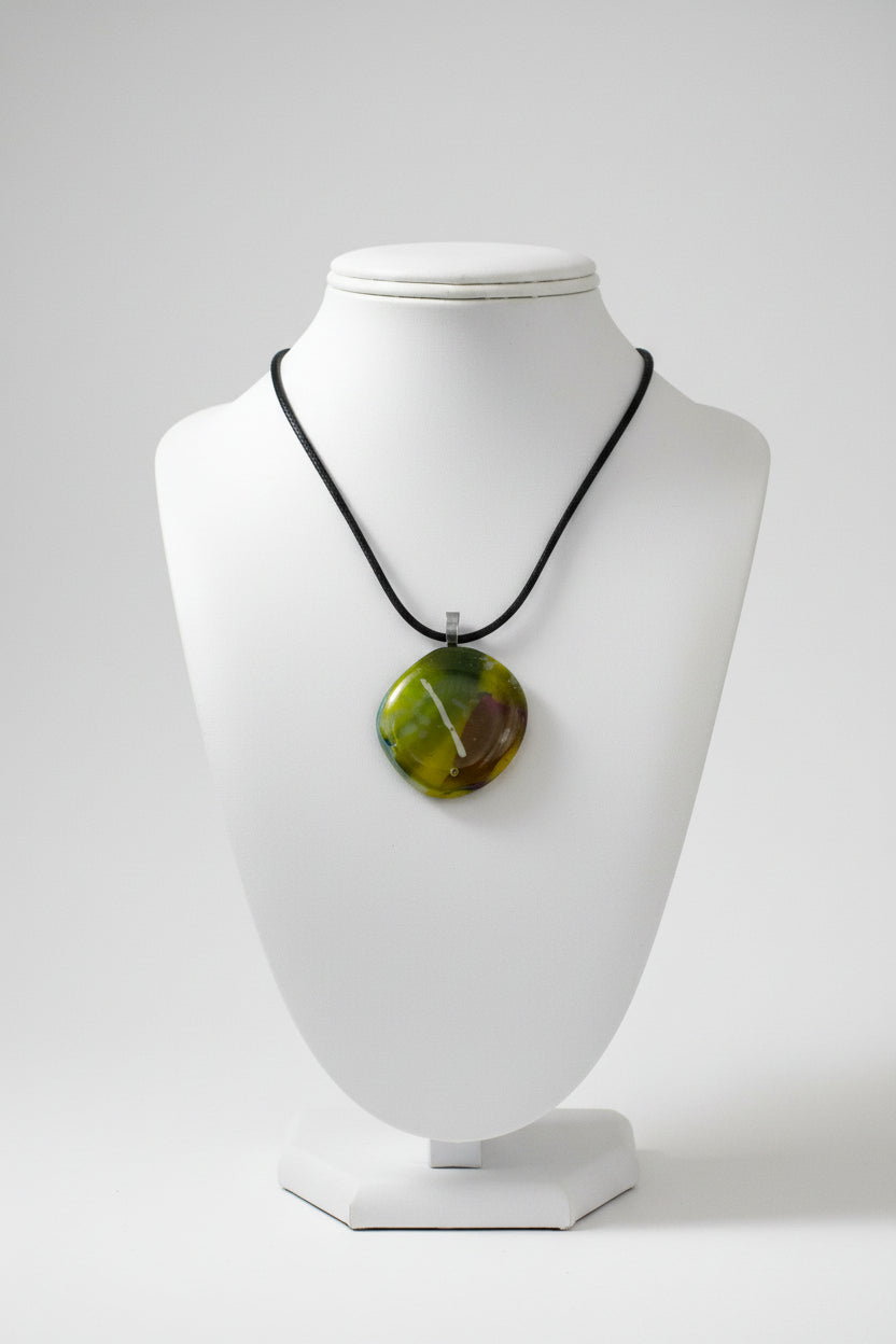 Fused Glass Chartreuse & Olive Swirl Round Pendant Necklace