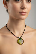 Fused Glass Chartreuse & Olive Swirl Round Pendant Necklace