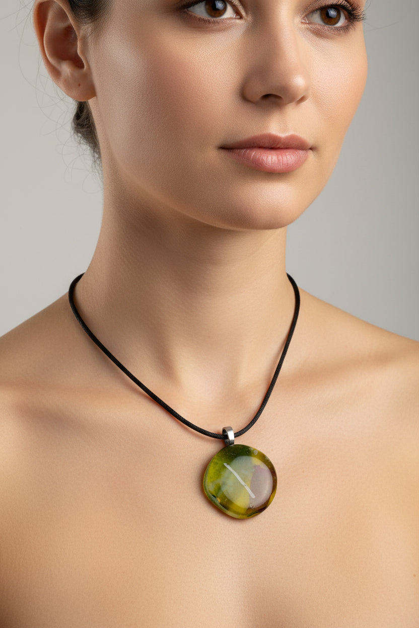 Fused Glass Chartreuse & Olive Swirl Round Pendant Necklace