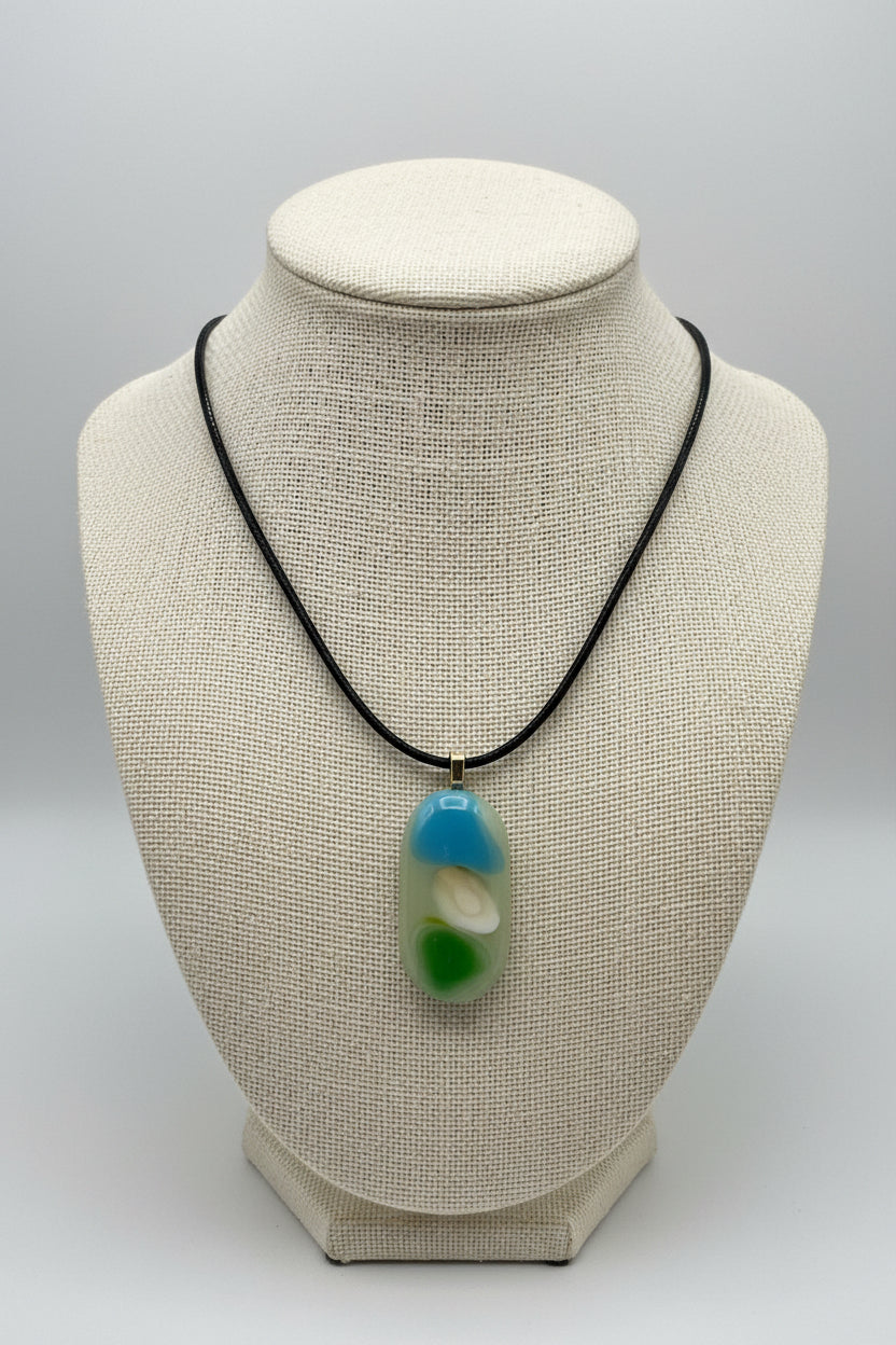 Fused Glass Sky Blue & Sage Green Elongated Oval Pendant Necklace