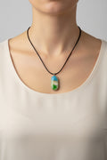 Fused Glass Sky Blue & Sage Green Elongated Oval Pendant Necklace