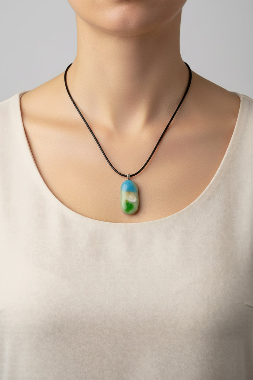 Fused Glass Sky Blue & Sage Green Elongated Oval Pendant Necklace