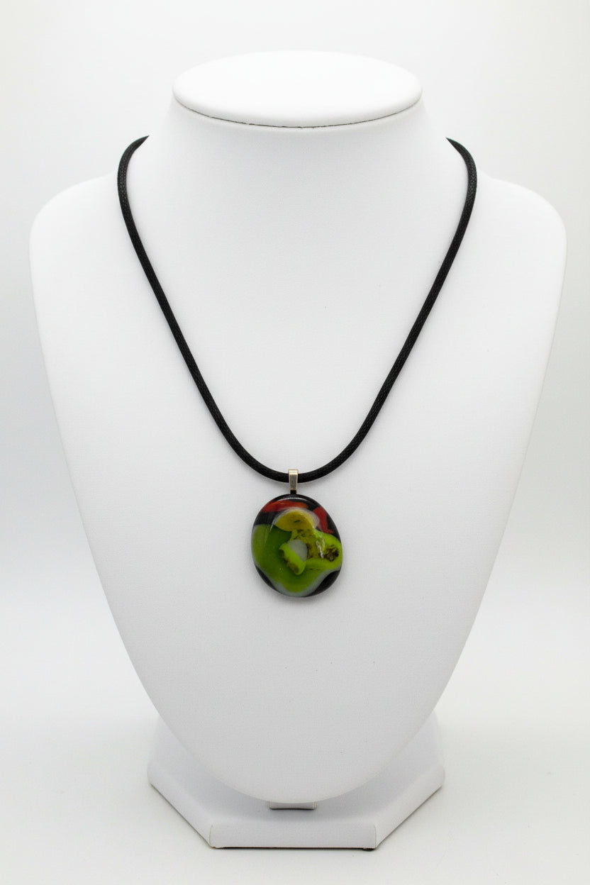 Fused Glass Olive Green, Red & Black Organic Oval Pendant Necklace