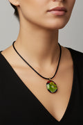 Fused Glass Olive Green, Red & Black Organic Oval Pendant Necklace