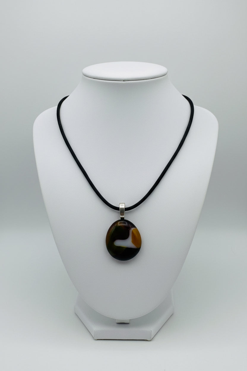 Fused Glass Espresso & Olive Organic Round Pendant Necklace
