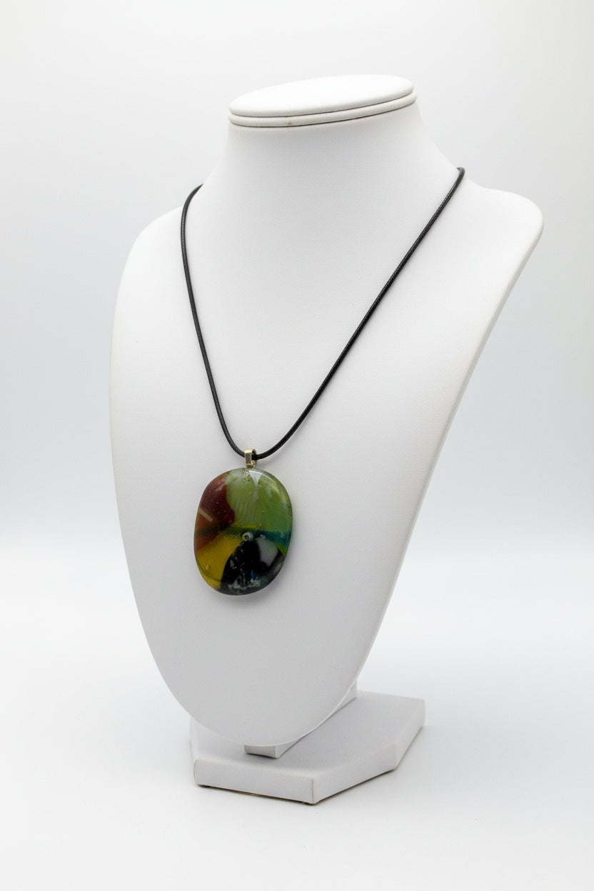 Fused Glass Sage Green & Burgundy Oval Pendant Necklace