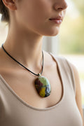 Fused Glass Sage Green & Burgundy Oval Pendant Necklace