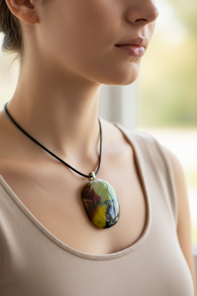 Fused Glass Sage Green & Burgundy Oval Pendant Necklace