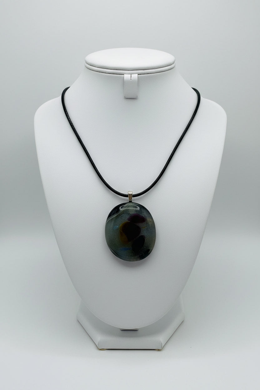 Fused Glass Deep Charcoal & Amethyst Organic Round Pendant Necklace
