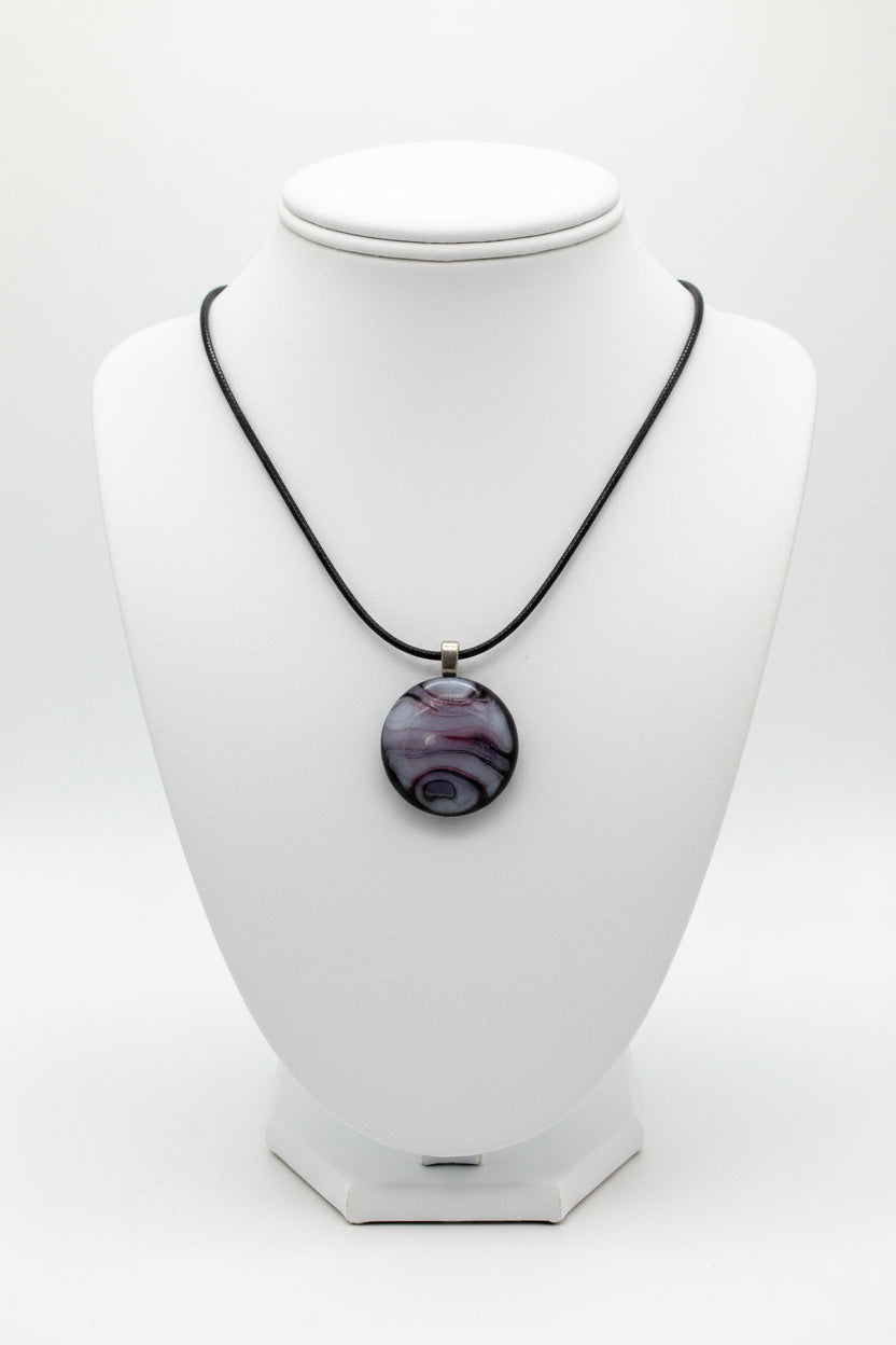 Fused Glass Smoky Purple & Grey Swirl Round Pendant Necklace