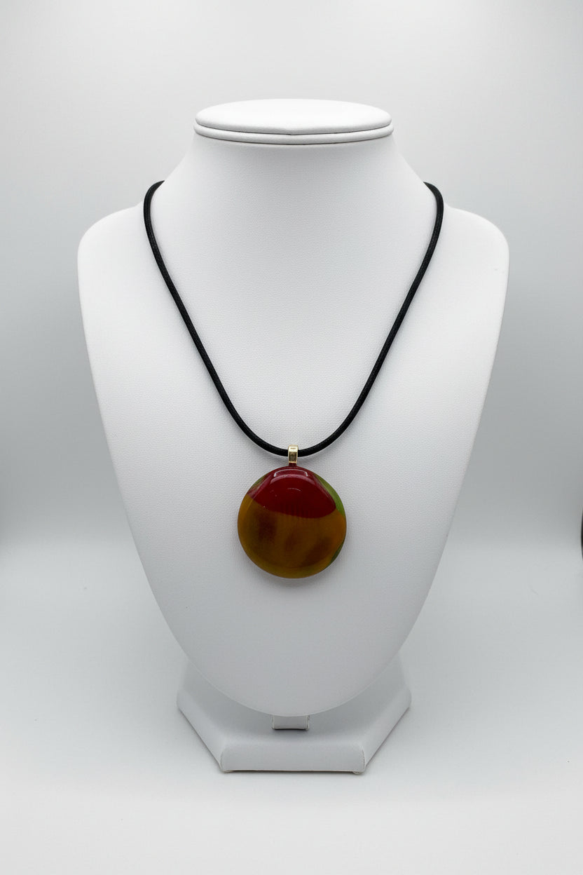 Fused Glass Olive & Crimson Round Pendant Necklace