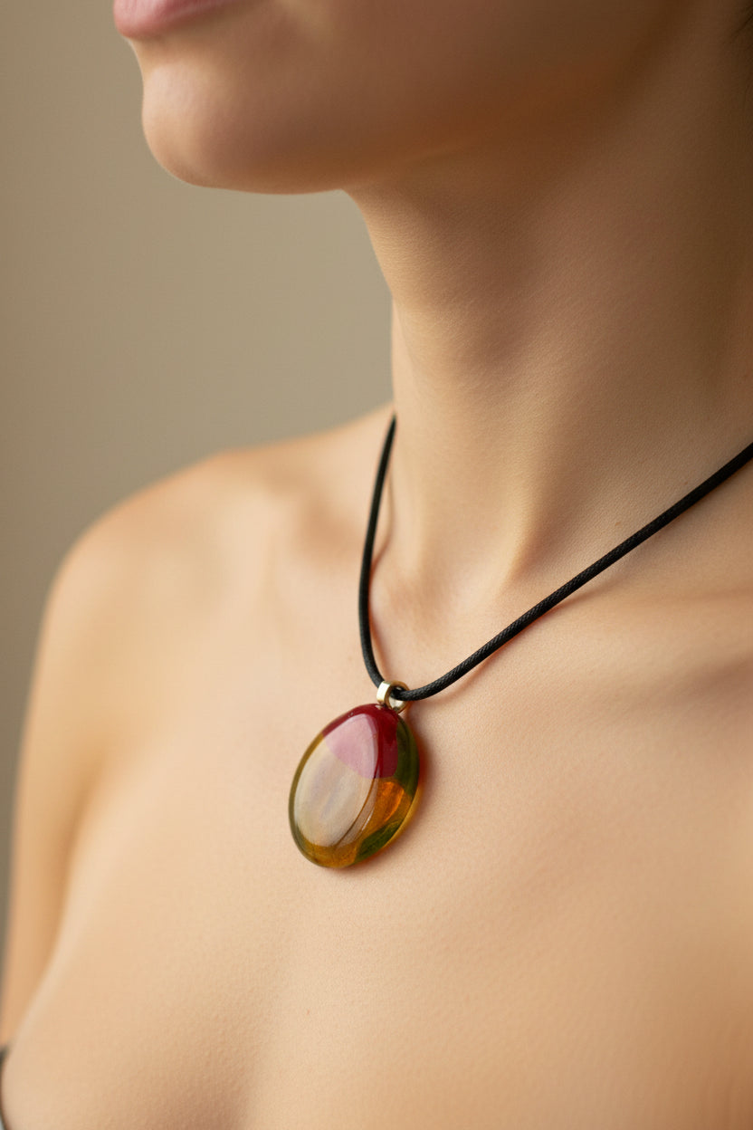 Fused Glass Olive & Crimson Round Pendant Necklace