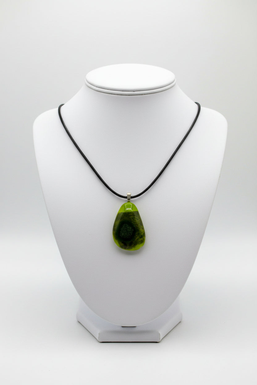 Fused Glass Chartreuse & Dark Forest Green Teardrop Pendant Necklace