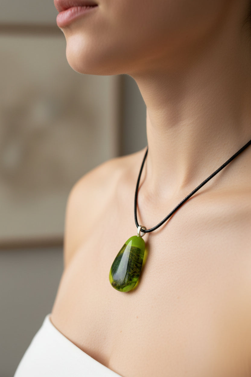 Fused Glass Chartreuse & Dark Forest Green Teardrop Pendant Necklace
