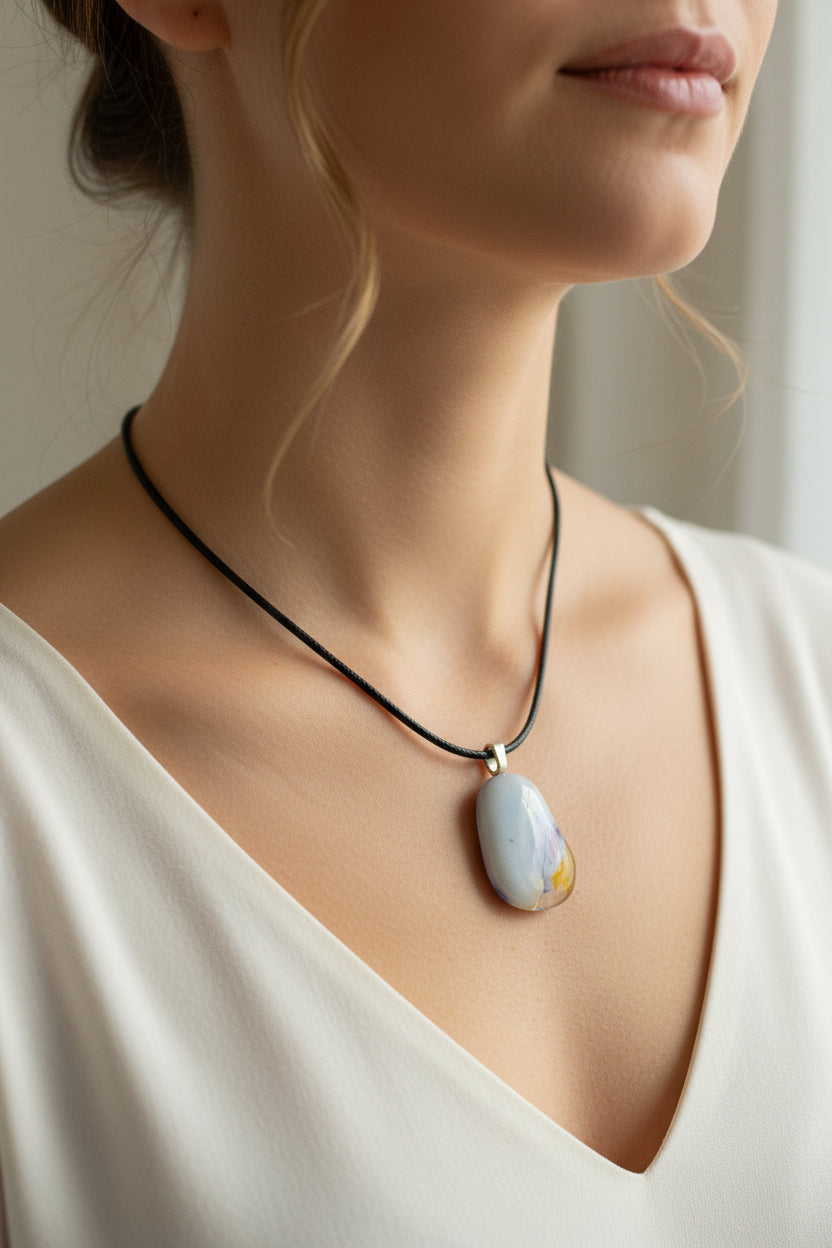 Fused Glass Pearl White & Lavender Organic Pendant Necklace