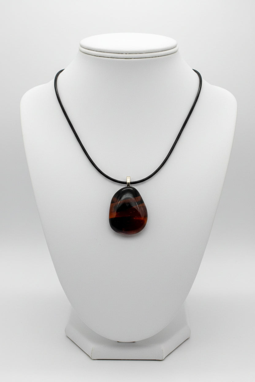 Fused Glass Espresso & Amber Striped Teardrop Pendant Necklace