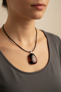 Fused Glass Espresso & Amber Striped Teardrop Pendant Necklace