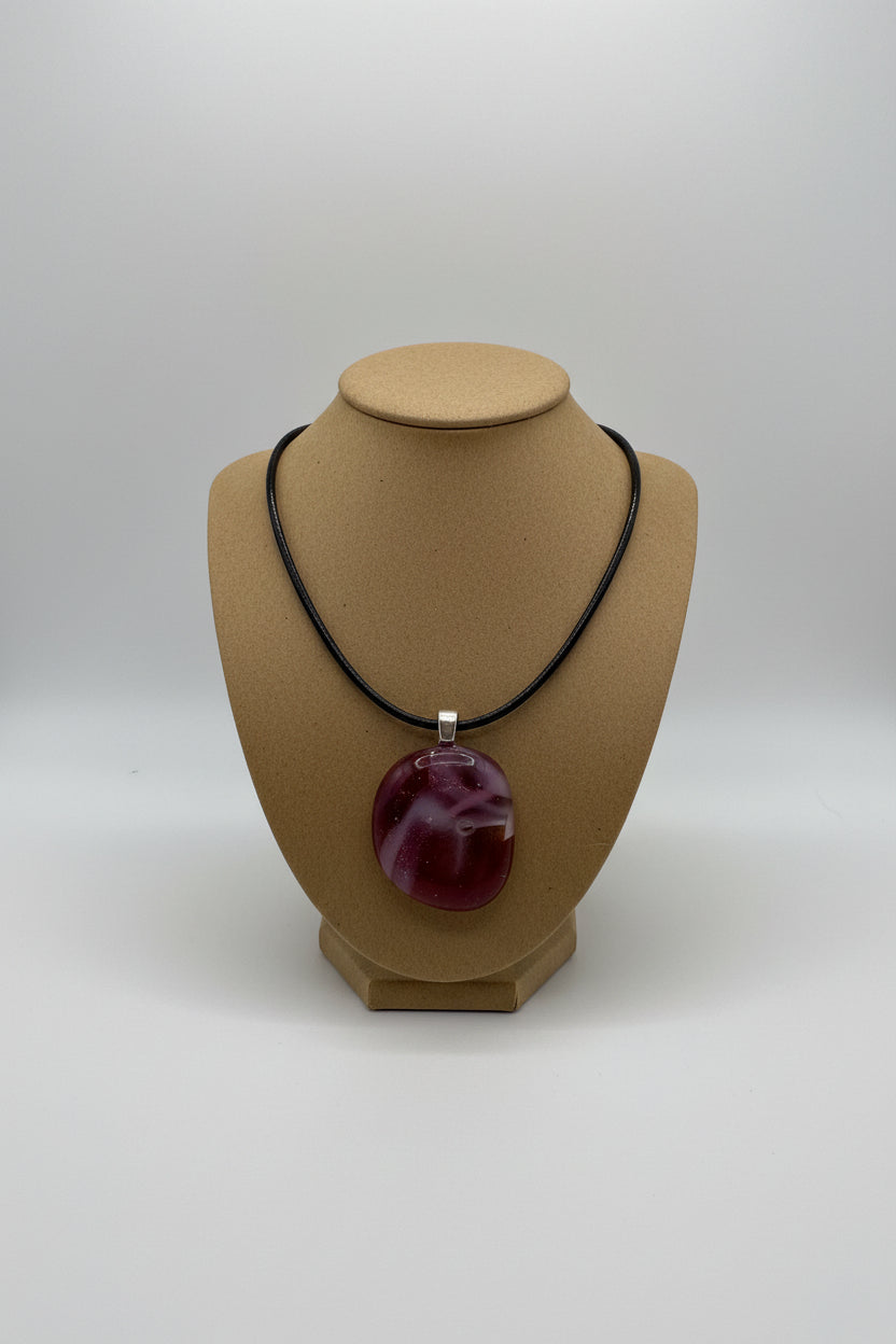 Fused Glass Burgundy & Mauve Organic Round Pendant Necklace