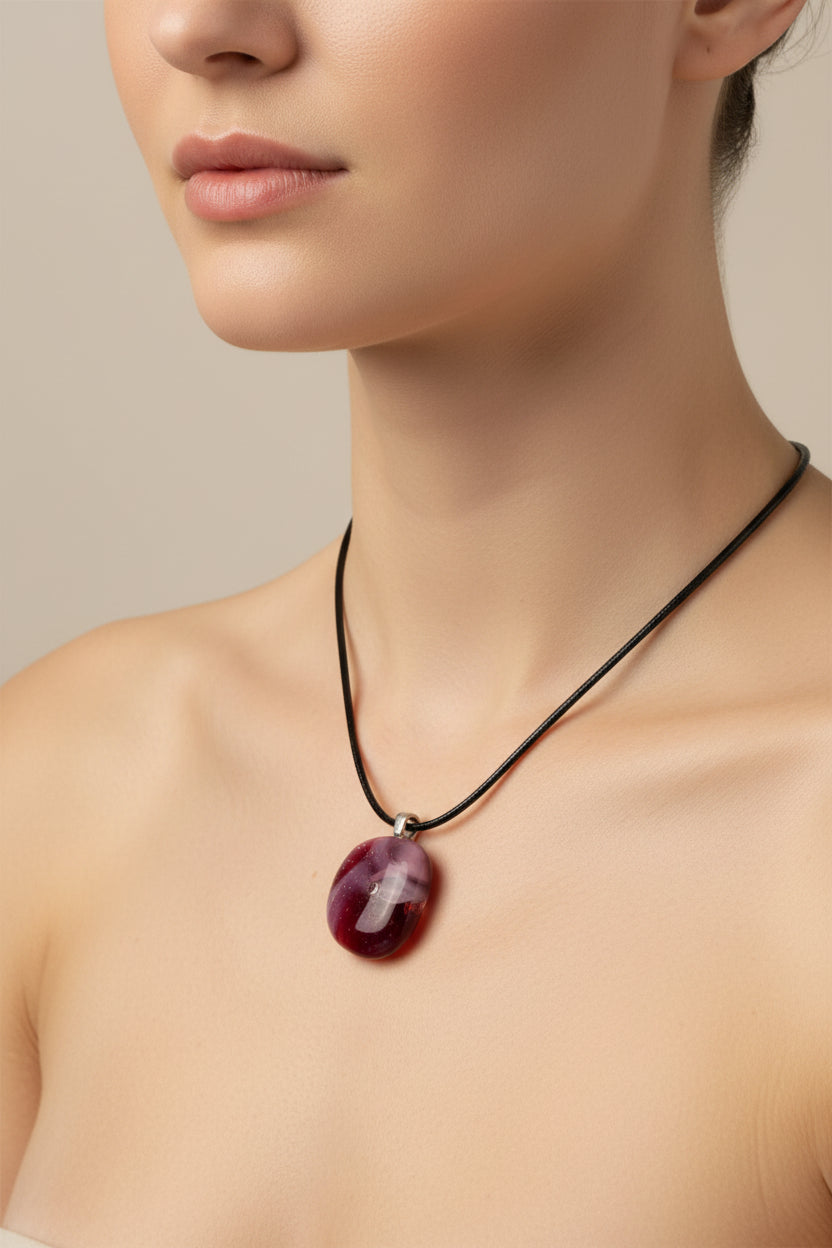 Fused Glass Burgundy & Mauve Organic Round Pendant Necklace