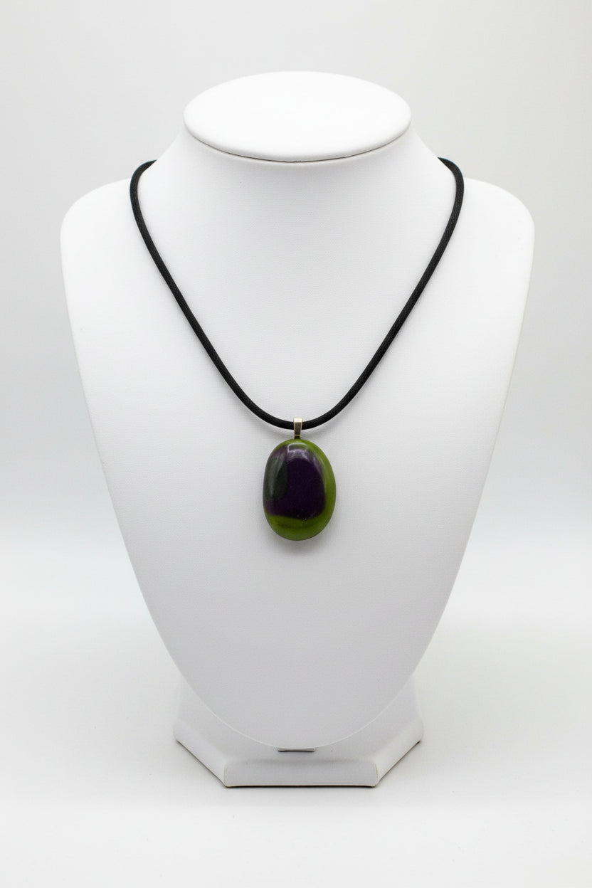 Fused Glass Olive Green & Deep Purple Oval Pendant Necklace